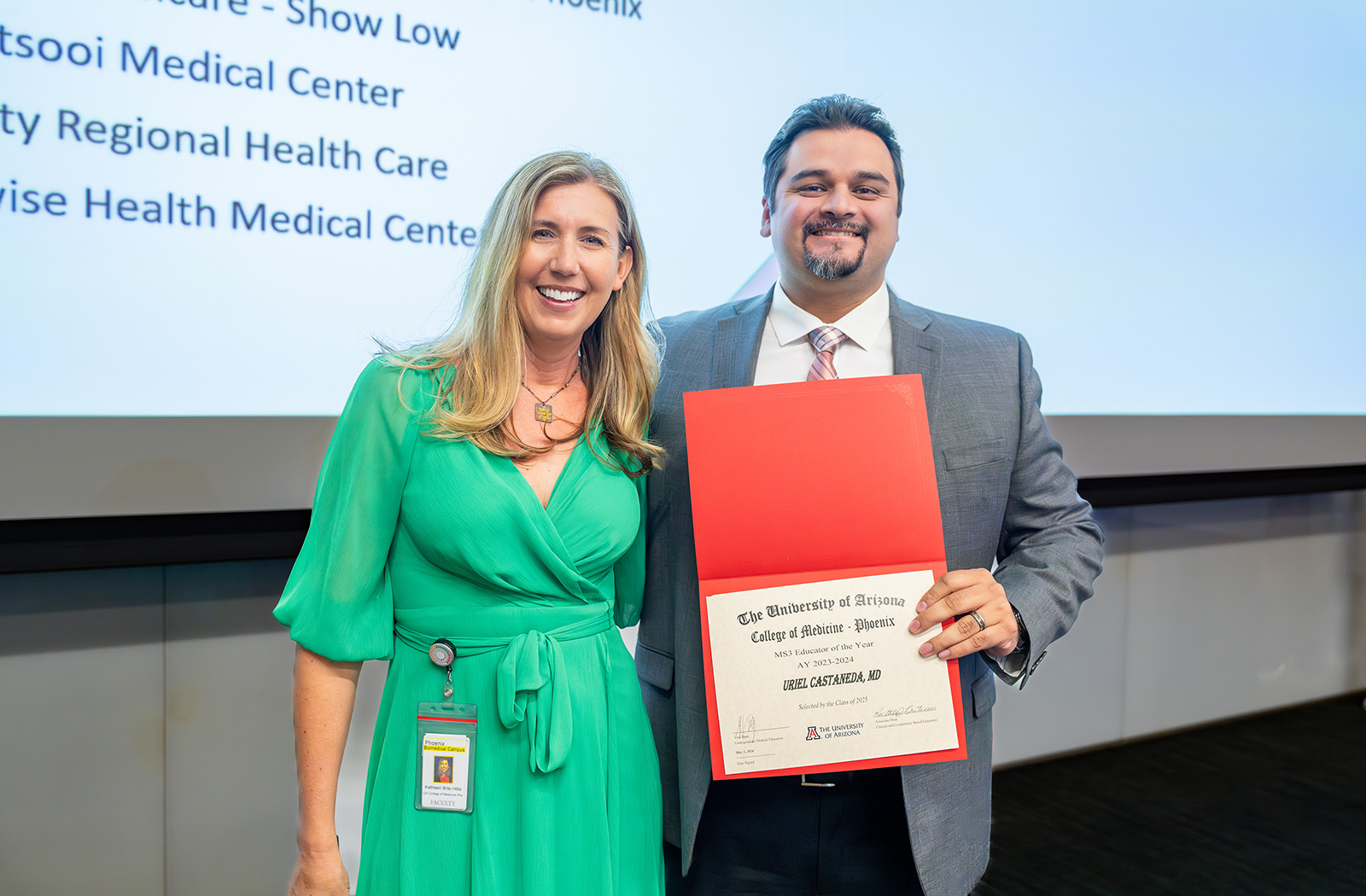 Katie Brite, MD, with Uriel Castañeda, MD, who was selected as the Educator of the Year by the Class of 2025